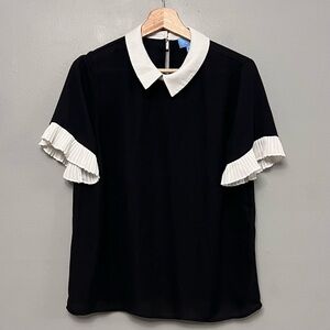 CeCe Women’s Pleat Sleeve Peter Pan Collared Black & White Blouse Size Medium